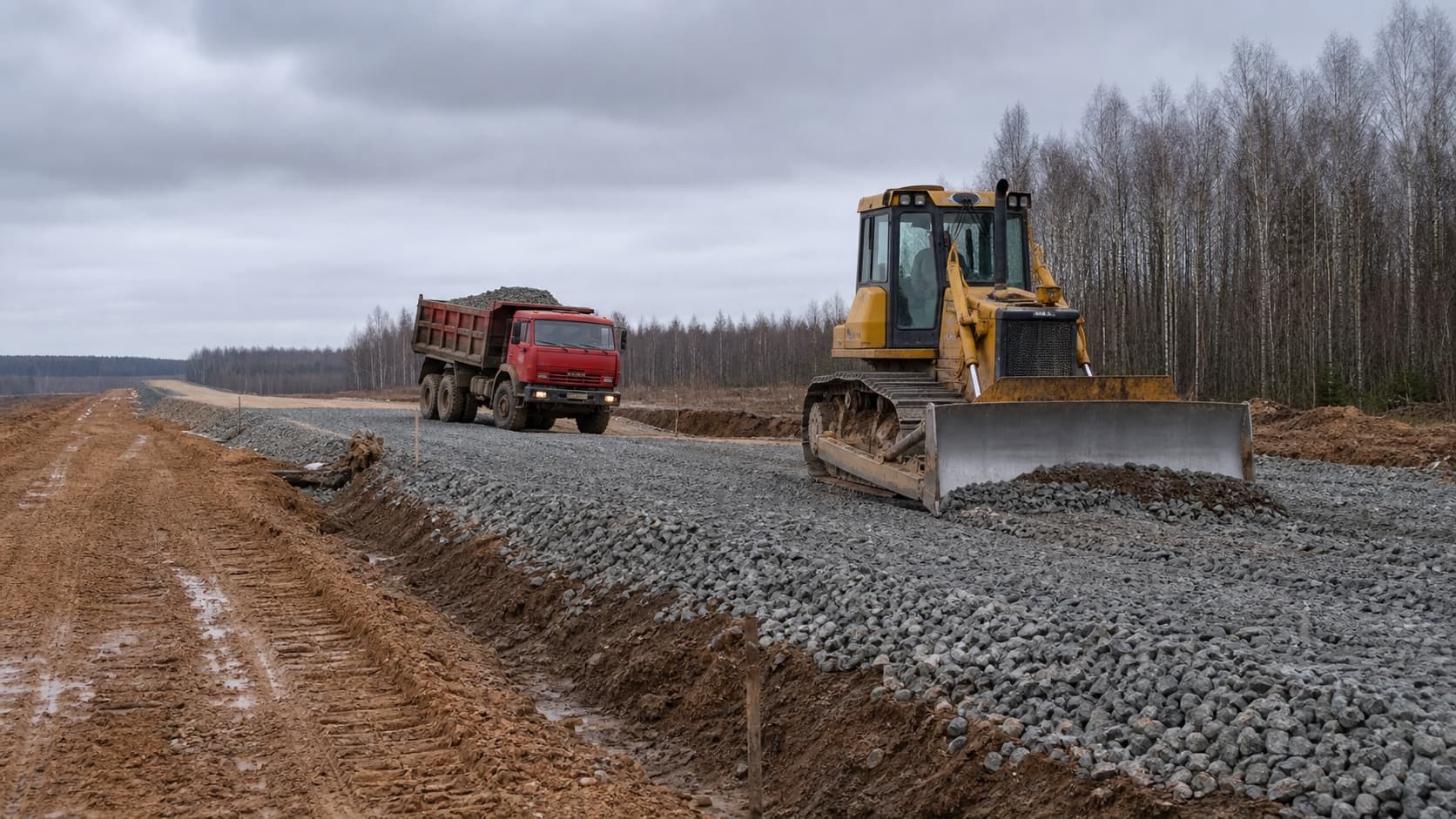 Бульдозер формирует технологический проезд из щебня