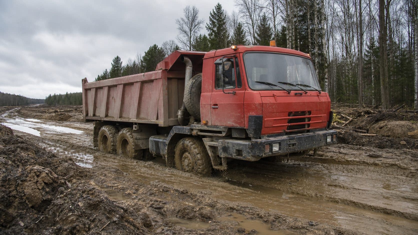 TATRA 815 6x6 проходит глубокую колею на слабом грунте