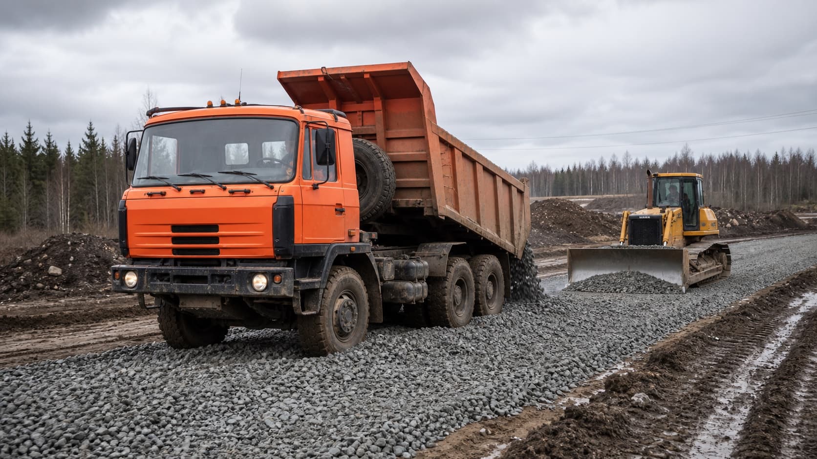 TATRA 815 6x6 разгружает щебень на временной дороге